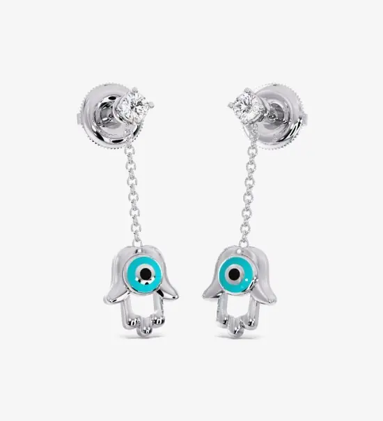 Hamsa Evil Diamond Dangling Eye Earrings