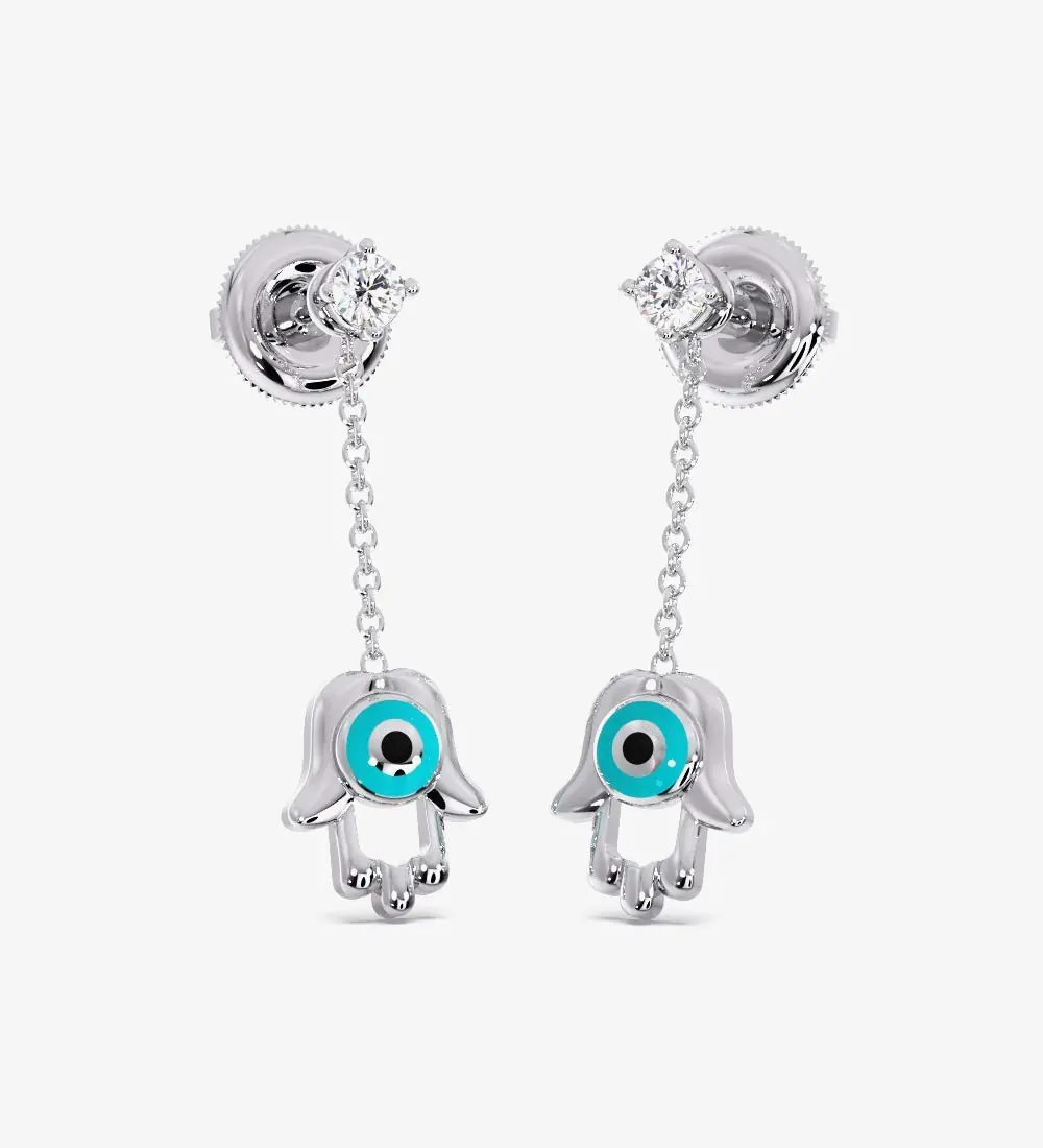 Hamsa Evil Diamond Dangling Eye Earrings